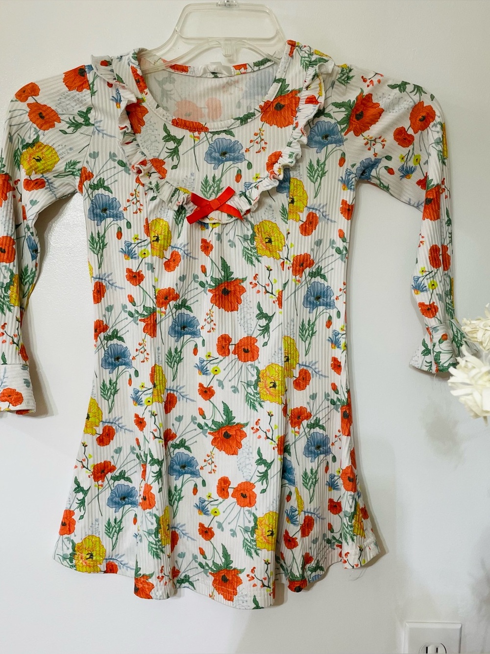 Girls Floral Ruffle Neck Dress - White with Orange, Yellow & Blue Flowers